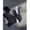 Uzun Kol Kapşonlu Baskılı SweatShirt - Siyah