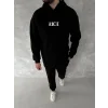 Uzun Kol Kapşonlu Göğüs Baskılı SweatShirt - Siyah