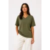 V Yaka Basic Tişört Kısa Kol Yazlık Regular Fit T-Shirt - Haki