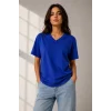 V Yaka Basic Tişört Kısa Kol Yazlık Regular Fit T-Shirt - Saks Mavisi