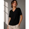 V Yaka Basic Tişört Kısa Kol Yazlık Regular Fit T-Shirt - Siyah