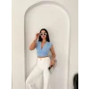 Vatkalı Kolsuz V Yaka Drapeli Crop Bluz Likralı Fit - Bebek Mavisi