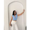 Vatkalı Kolsuz V Yaka Drapeli Crop Bluz Likralı Fit - Bebek Mavisi