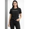 Wafıl Kumaş Tişört Regular Kalıp Bisiklet Yaka Baskılı Günlük Basic T-Shirt - Siyah