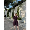 Yakalı Gömlek Kemerli Şortlu Takım - Bordo