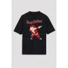 Yılbaşı Merry Christmas Noel Baba Baskılı Oversize Bisiklet Yaka T-shirt - Siyah