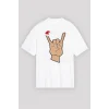 Yılbaşı Noel Başlıklı Serçe Parmak Baskılı Oversize Bisiklet Yaka T-shirt - Beyaz