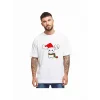 Yılbaşı Noel Ren Geyiği Baskılı Kısa Kollu Oversize Bisiklet Yaka T-shirt - Beyaz