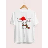 Yılbaşı Noel Ren Geyiği Baskılı Kısa Kollu Oversize Bisiklet Yaka T-shirt - Beyaz