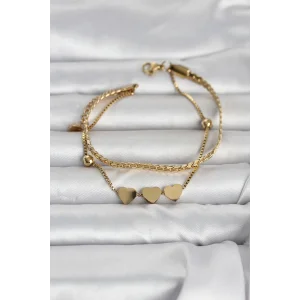 316L Çelik Gold Renk Ezme Zincir ve Kalpli Kadın Bileklik - TJ-BB8390