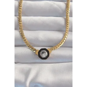 316L Çelik Gold Renk Ezme Zincir Zirkon Taşlı Mineli Serenay Kolyesi - TJ-BKO8958