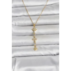 316L Çelik Gold Renk Kutup Yıldızı Y Model Zirkon Taşlı Kadın Kolye - TJ-BKO11049