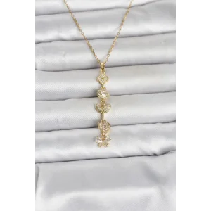 316L Çelik Gold Renk Şans Kolyesi Y Model Zirkon Taşlı Kadın Kolye - TJ-BKO11050