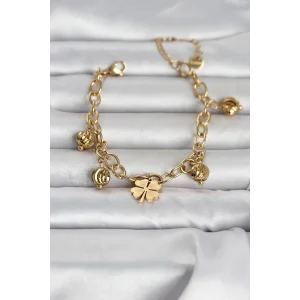 316L Çelik Gold Renk Yonca ve Dorikalı Kadın Bileklik - TJ-BB8387