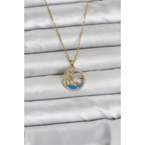 316L Çelik Zincir Gold Renk Zirkon Taşlı Deniz Temalı Kadın Kolye - TJ-BKO11032