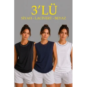 3’lü Kolsuz Sporcu Atlet Seti Yazlık Bisiklet Yaka - Siyah, Lacivert, Beyaz