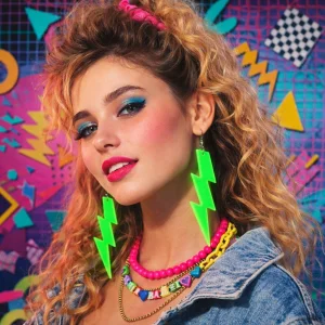 80 ler 90 lar Retro Neon Yeşil Şimşek Küpe 10 cm