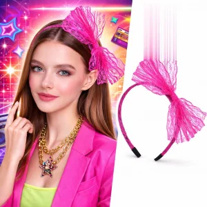 80’ler 90’lar Neon Pembe Dantel Taç Fiyonklu