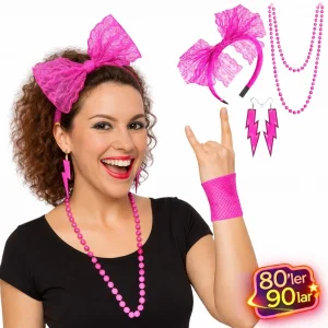 80’ler 90’lar Neon Pembe Parti Seti – Kolye Küpe Taç