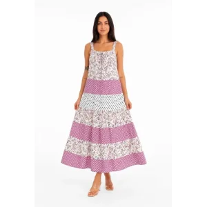 Askılı Çiçek Desenli Keten Kumaş Kat Kat Salaş Maxi Elbise - Pembe