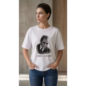 Atatürk Baskılı Tişört Kısa Kollu Bisiklet Yaka T-Shirt - Beyaz