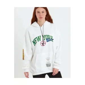 Baskılı Kapüşonlu Sweatshirt - Beyaz