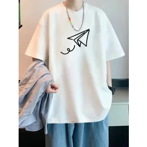 Baskılı Oversize Bisiklet Yaka T-shirt - Beyaz