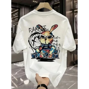 Baskılı Oversize Bisiklet Yaka T-shirt - Beyaz