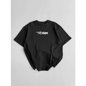 Baskılı Oversize Bisiklet Yaka T-shirt - Siyah