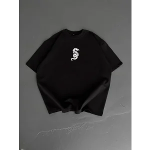 Baskılı Oversize Bisiklet Yaka T-shirt - Siyah