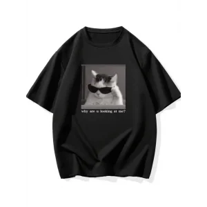 Baskılı Oversize Bisiklet Yaka T-shirt - Siyah
