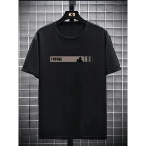 Baskılı Oversize Bisiklet Yaka T-shirt - Siyah