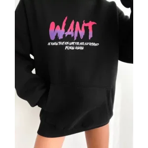 Baskılı Üç İplik Kapüşonlu Oversize Sweatshirt - Siyah