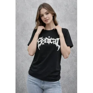 Bisiklet Yaka Ön Baskılı  Kısa Kollu Tişört Streetwear Günlük Basic Pamuklu T-shirt - Siyah