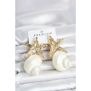 Doğal Deniz Kabuğu ve Gold Renk Yıldız Model Kadın Küpe