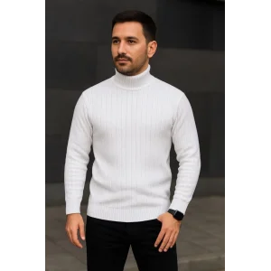 Erkek Balıkcı Yaka Bağazlı Triko Kazak Pamuklu Kalın Fitilli Dokuma, Regular Fit Uzun Kollu Kışlık Model - Beyaz