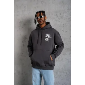 Erkek Baskılı Kapşonlu Sweat - Füme