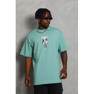 Erkek Baskılı T-Shirt Kısa Kol Bisiklet Yaka Regular Fit Rahat Kalıp Günlük Tişört - Mint Yeşili