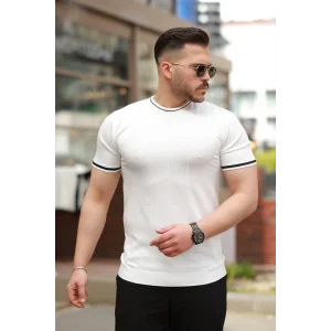 Erkek Bisiklet Yaka çizgi Desenli Ribanalı Kısa Kollu Tshirt