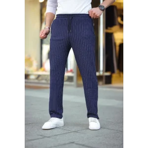 Erkek Cizgili Dokuma Krep Jogger Buggy Pantalon Rahat Kalıp - Lacivert