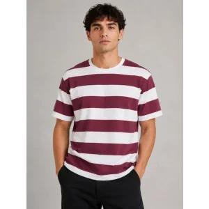 Erkek Çizgili Oversize Tişört Bisiklet Yaka Kısa Kol Yazlık T-Shirt - Bordo