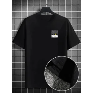 Erkek Dağ Grafikli Tişört, Yaz Için Büyük Beden Rahat T-shirt - Siyah