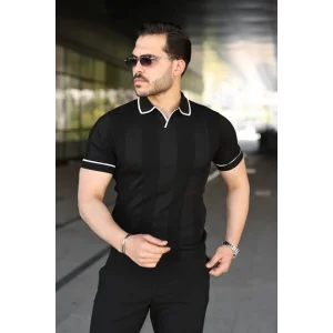 Erkek Dokulu Desen Yakalı Kısa Kollu Tişört
