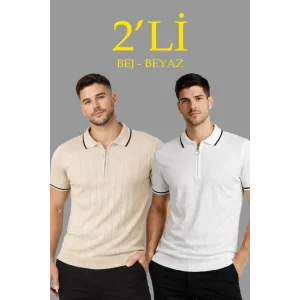 Erkek Dokuma Triko Tişört Fermuar Yakalı Yazlık Kısa Kol T-Shirt 2’li Set Bej-Beyaz