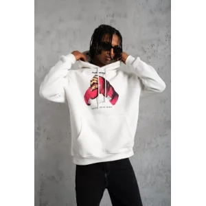 Erkek Eldiven Baskılı Kapüşonlu Sweat - Beyaz