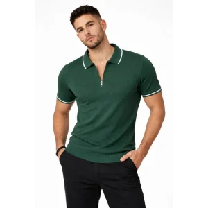 Erkek Fermuarlı Yaka Fitilli Triko Kısa Kollu Regular Fit Tişört T-shirt - Yeşil