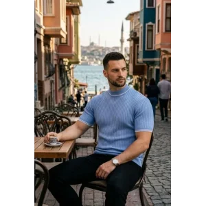 Erkek Fitilli Triko Dokuma Kısa Kol Tişört Yarım Boğaz Modern Yazlık T-Shirt - Bebe Mavisi