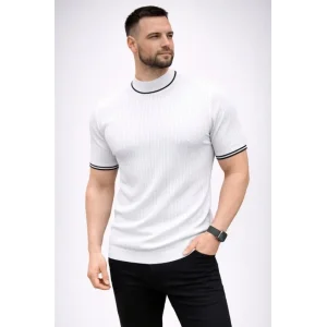 Erkek Fitilli Triko Dokuma Kısa Kol Tişört Yarım Boğaz Modern Yazlık T-Shirt - Beyaz