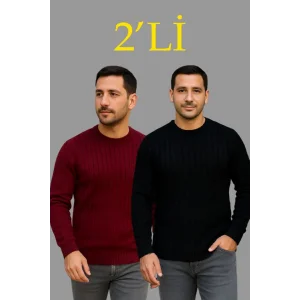 Erkek Fitilli Triko Kazak 2’li Set – Siyah - Bordo, Kalın Dokuma Pamuklu Regular Fit Bisiklet Yaka Uzun Kollu Rahat Kışlık Kazak Kombini