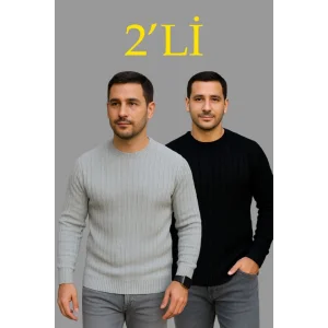 Erkek Fitilli Triko Kazak 2’li Set – Siyah - Gri, Kalın Dokuma Pamuklu Regular Fit Bisiklet Yaka Uzun Kollu Rahat Kışlık Kazak Kombini